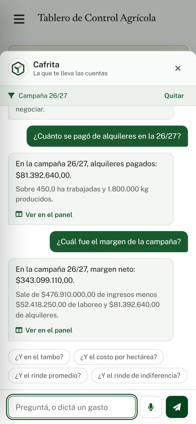 Cafrita, el chat de AgroPlanner, respondiendo cuánto se pagó de alquileres y el margen de la campaña