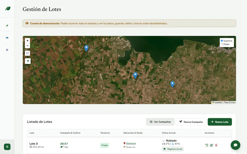 Gestión de lotes de AgroPlanner, con los lotes marcados sobre el mapa satelital
