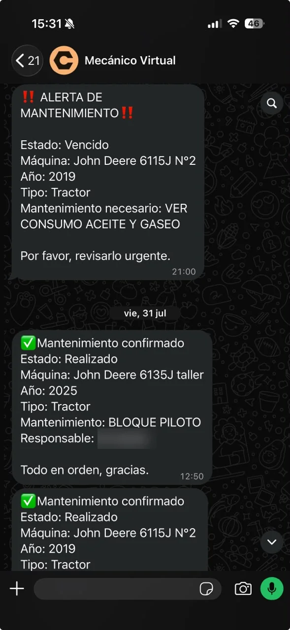 Alerta de mantenimiento vencido y confirmaciones de CaFra Mecánico por WhatsApp
